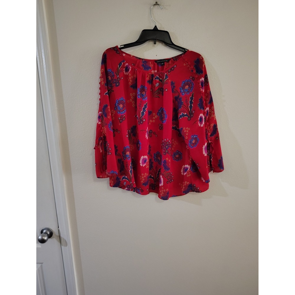 Zac & Rachel Red Floral Blouse XL 3/4 Tie Sleeve Scoop Neck Top Boho Botanical